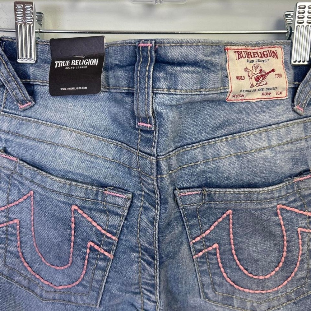 True Religion Leila Kids Blue Wide Leg Jeans Pink Rhinestone Logo Size 10 NWT - Picture 6 of 8